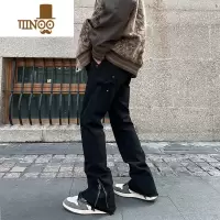 YANXU高街vibe风拉链开叉休闲裤男ins潮牌宽松直筒美式工装微喇叭长裤