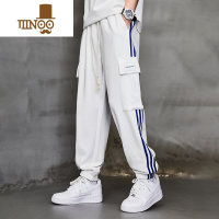 YANXU白色运动裤男夏季薄款三条杠条纹宽松束脚卫裤大口袋工装休闲裤子