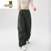 YANXU美式复古墨绿色工装裤女阔腿休闲裤子男降落伞兵裤夏潮牌街舞