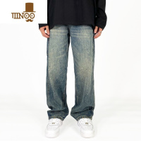 YANXUMOMENT水洗做旧复古泼墨牛仔裤男女潮牌美式高街宽松直筒拖地裤子