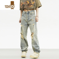 YANXUDOSNAKE 复古破洞裤子美式高街男小众设计感法式直筒牛仔裤宽松潮
