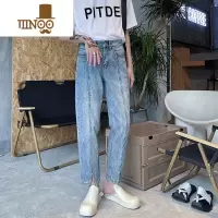 YANXU夏季九分开叉牛仔裤男韩版显瘦水洗复古浅色百搭裤休闲裤子ins潮