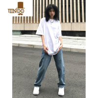 YANXU美式高街复古蓝直筒牛仔裤男潮牌宽松垂感阔腿拖地休闲长裤子