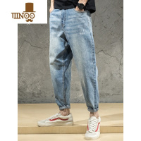 YANXU夏季潮牌直筒休闲牛仔裤男宽松大码男款锥形小脚男士九分哈伦裤子