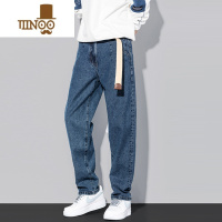 YANXU夏季蓝色牛仔裤男士潮牌直筒宽松潮流港风垂感百搭阔腿休闲长裤子
