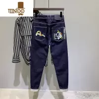 YANXU春季款美式刺绣复古深蓝色牛仔裤男修身九分弹力小脚裤潮流长裤子