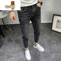 YANXU2023新品修身小脚牛仔裤男韩版潮流百搭弹力黑灰色长裤男款