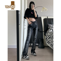 YANXU9002up高街黑色微喇叭牛仔裤男美式复古直筒宽松hiphop长裤子潮牌