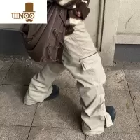 YANXUFATEEGG美式复古拉链多口袋工装裤男卡其色高街宽松直筒休闲长裤