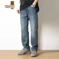 YANXU棉公2023新款直筒牛仔裤男宽松潮牌中蓝水洗垂感薄款长裤