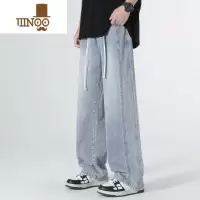 YANXU2023秋季美式高街松紧腰拼接微喇牛仔裤男潮牌宽松直筒休闲长裤子