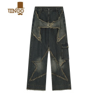 YANXUNOONOZ潮牌美式高街五角星毛边水洗牛仔裤男宽松直筒炸街嘻哈长裤