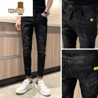 YANXU潮牌黑色牛仔裤男2023夏季薄款韩版潮流百搭九分弹力修身小脚裤子