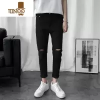 YANXU夏季薄款黑色膝盖一字破洞牛仔裤男款韩版潮流修身小脚九分裤子