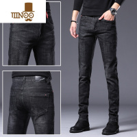 YANXU高端简约黑色牛仔裤男士修身弹力小直脚裤百搭长裤子