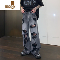 YANXU 小众做旧刮烂破洞设计直筒牛仔裤男夏季休闲水洗阔腿长裤