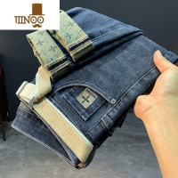 YANXU牛仔裤男2023新款秋季修身小直筒刺绣印花韩版潮流弹力透气长裤子