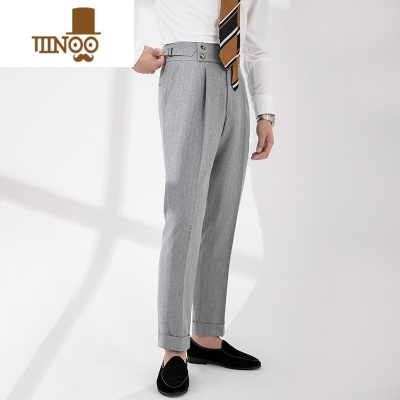 YANXU卡其那不勒斯修身西裤男英伦复古高腰商务垂感条纹休闲裤薄长裤潮