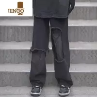 YANXUZCNT高街裤子ins欧美hiphop美式嘻哈宽松破洞直筒牛仔裤