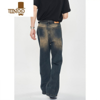 YANXU提卡 复古水洗做旧高腰微喇牛仔裤男宽松直筒休闲阔腿美式长裤子