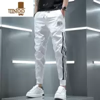 YANXU2023潮牌休闲裤男条纹冰丝速干运动裤子白色修身薄款长裤束脚