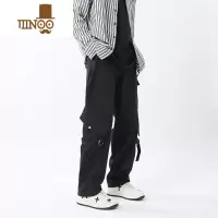 YANXU秋季秋装黑色工装裤男潮牌直筒宽松多口袋机车风休闲裤绑带长裤子