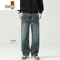 YANXU 美式复古工装直筒牛仔裤男士2023秋季立体剪裁休闲阔腿长裤