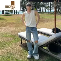 YANXUXMOB 夏季薄款水洗破洞牛仔裤男宽松直筒潮流百搭阔腿长裤男女款