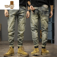 YANXU秋季高端潮牌美式复古做旧水洗破洞牛仔裤男修身直筒长裤