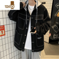 YANXU假连帽牛仔夹克男士工装外套美式潮牌痞帅宽松休闲衣服