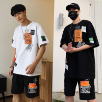 古莱登2021夏季新款短袖t恤男士夏季宽松运动休闲套装潮牌帅气一套装男五分短裤夏装