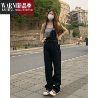 SHANCHAO纯哥家牛仔背带裤女2023新款深色复古高腰阔腿显瘦宽松吊带连体裤