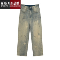 SHANCHAOBig eaters美式复古星星筒牛仔裤男女宽松休闲裤高街情侣长裤子