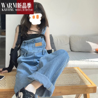 SHANCHAO美式复古小个子牛仔背带裤女设计感小众减龄宽松阔腿连体裤子