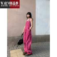 SHANCHAO背带裤女小个子夏季高腰宽松减龄显瘦筒阔腿牛仔裤粉色连体裤女