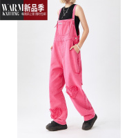 SHANCHAO玫红色牛仔背带裤女2023新款可盐可甜设计感可爱树莓粉色裤子