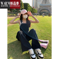 SHANCHAO黑色牛仔背带裤女盐系复古宽松显瘦减龄小个子设计感筒长裤