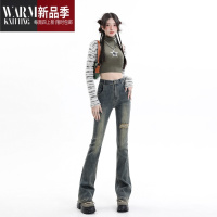 SHANCHAO美式辣妹破洞做旧牛仔微喇叭裤女高腰新款弹力紧身显瘦复古潮