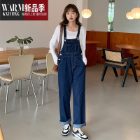 SHANCHAO布琳家深蓝色背带裤女2022年新款网红韩版时尚宽松阔腿牛仔裤