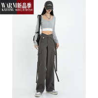 SHANCHAO2023新款宽松休闲裤子灰黑色工装裤筒阔腿女士牛仔裤