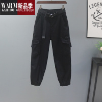 SHANCHAO松紧腰休闲牛仔裤子女潮2023春季多口袋宽松束脚工装裤九分哈伦裤