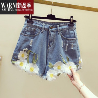 SHANCHAO2023夏装新款韩版时尚手工刺绣小黄花高腰牛仔短裤女阔腿裤热裤潮