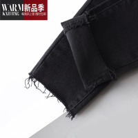 SHANCHAO质感烟黑裤!高腰毛边牛仔裤 紧身显瘦显高九分小脚铅笔裤女春