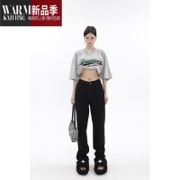 SHANCHAO 毛边割破辣妹修身高腰牛仔拖地裤2023年女夏季筒长裤