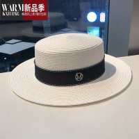 SHANCHAO新款网红遮阳水钻M标平顶草帽女韩版百搭复古英伦白色小礼帽