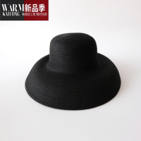 SHANCHAO复古法式赫本黑色网红草帽遮阳帽海边沙滩帽子女夏大沿太阳帽