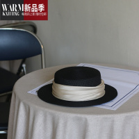 SHANCHAO轻法式复古黑色小礼帽缎面平顶平檐草帽宽檐遮阳帽男女夏季帽
