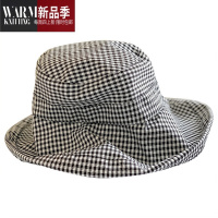 SHANCHAO韩国文艺百搭ins千鸟格渔夫帽格子大帽檐帽子女夏遮阳太阳帽