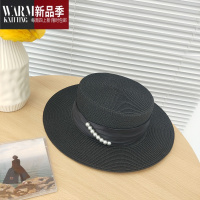 SHANCHAO法式小香风格驼色珍珠平顶礼帽女夏天出游百搭大檐遮阳草帽子
