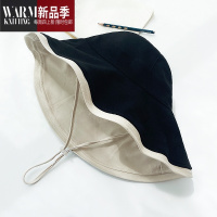 SHANCHAO大帽檐双面可戴渔夫帽女脸遮阳帽米色帽子太阳帽